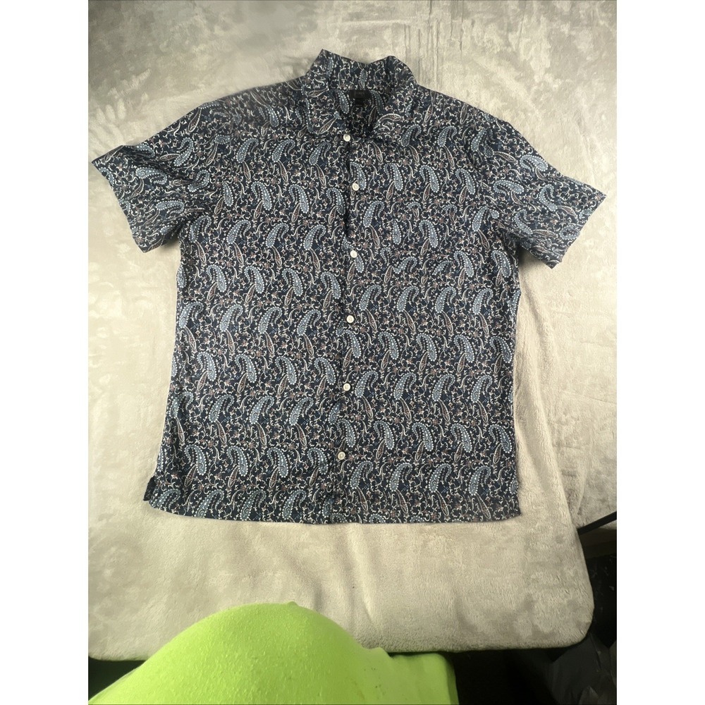 J.CREW Shirt Mens‎ XL Blue Paisley Camp Loop Collar Short Sleeve Summer Resort
